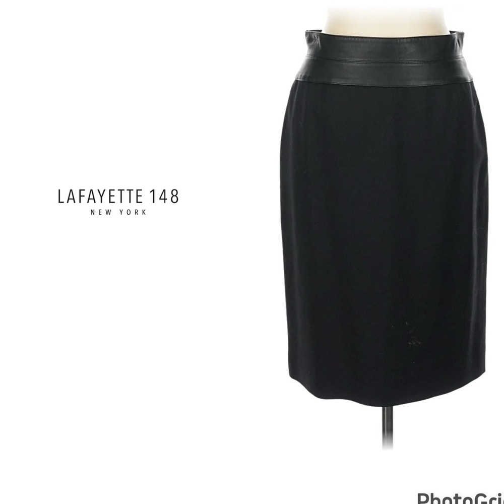 Lafayette 148 New York Black Pencil Skirt with Leather Trim